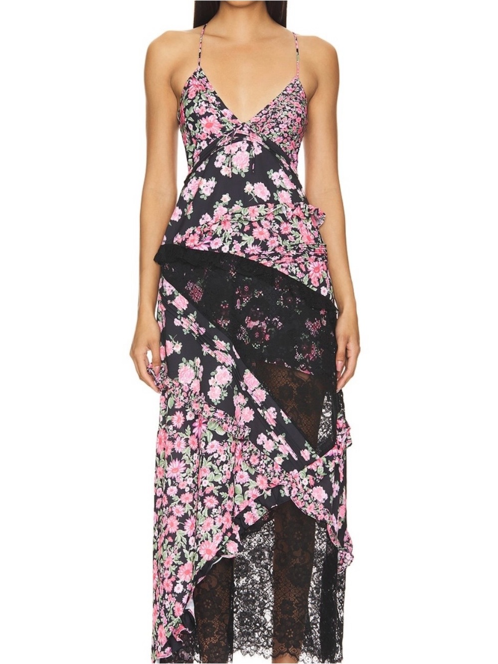 For Love And Lemons Black and Pink Floral Lace-Panel Maxi Dress